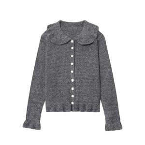 Dark grey knit cardigan with tiered ruffled cuffs and a large Peter Pan collar