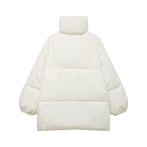 Back view of a beige puffer jacket with wide horizontal quilting and elastic cuffs