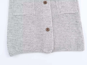 Détail du cardigan gris en maille gaufrée montrant la texture, les boutons et les poches
