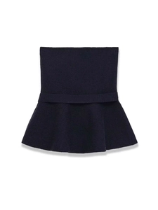 Detailed close-up of navy blue knit peplum tube top with ribbed texture and ruffled hem