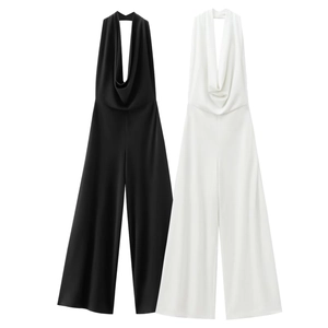 Women Halter Cowl Neck Jumpsuit Backless High Waist Solid Color Elegant Summer Sleeveless Wide Leg Long Jumpsuit Romper