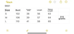 Detailed size guide table for women's casual color-block knit sweater from S to L