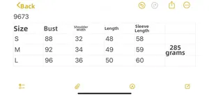 Size chart for vintage jacquard crewneck knit top with bust and length measurements