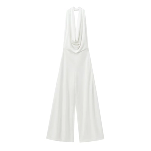 Elegant white halter cowl neck wide leg jumpsuit for women with a minimalist silhouette