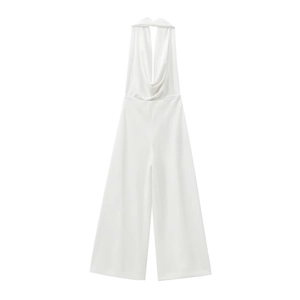 Detailed view of white halter neck jumpsuit featuring elegant drape neck and wide leg design