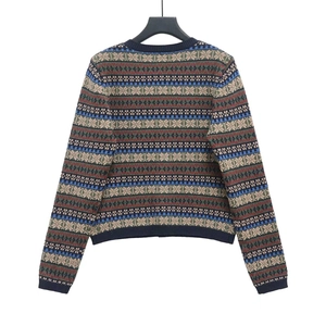 Back view of a vintage Fair Isle knit sweater with geometric jacquard in navy blue