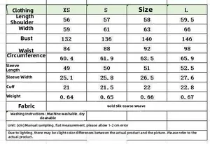 Detailed size chart for metallic bomber jacket with fabric care and measurements