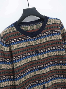 Detailed texture of Fair Isle geometric pattern knit cardigan with vintage buttons