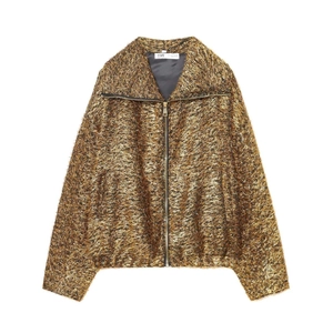 Women Metallic Thread Bomber Jacket Loose Lapel Zip Up Gold Tweed Cropped Outerwear Glitter Fringed Party Fashion Coat