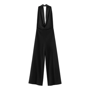 Elegant black halter neck wide leg jumpsuit in premium satin fabric for social events