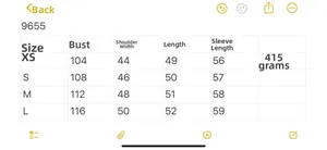 Detailed size chart for faux leather jacket with chest, shoulder, and length measurements