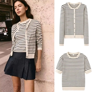 Women French Style Striped Knit Cardigan Round Neck Single Breasted Long Sleeve Sweater Casual Knitwear Top