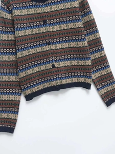 Detail of vintage Fair Isle pattern knit cardigan with colorful geometric jacquard weave