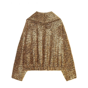 Chic metallic brown gold knit bomber jacket with plush faux fur texture and lapel collar