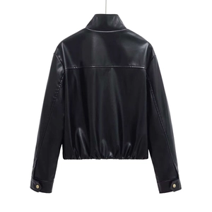 Back view of a chic black faux leather jacket with stand collar and elastic hem