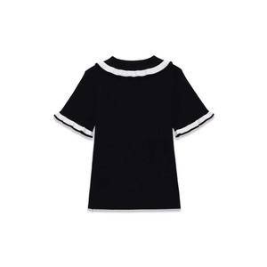 Classic black short sleeve knit top with white ruffled collar and cuffs in slim fit