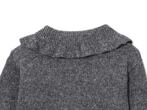 Detailed view of dark grey knitted sweater featuring ribbed neckline and marled texture