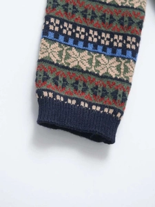 Close-up of Fair Isle jacquard knit sweater cuff with geometric patterns and ribbed edge
