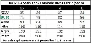 Detailed size chart for satin midi dress including bust waist and length measurements