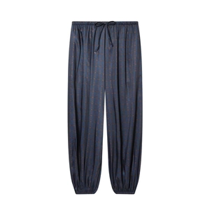 Women Retro Navy Blue Jacquard Plaid Lantern Pants Vintage Loose Harem Trousers With Drawstring Elastic Waist Casual Wear