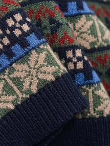 Close-up detail of vintage Fair Isle knit pattern and textured ribbed cuffs