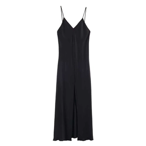 Elegant black satin midi dress with skinny straps and front slit on white background
