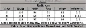 Detailed size chart for crewneck jacquard knit sweater showing S, M, and L dimensions
