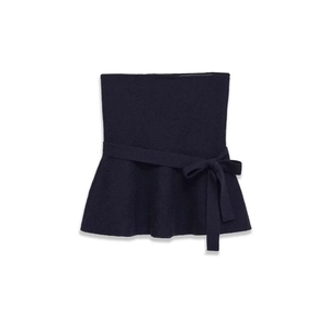 Knit Tube Top Strapless Peplum Hem With Bow Ribbon Navy Blue Slim Fit Sleeveless Solid Color Elegant Top For Women