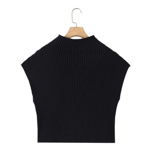 Women's black sleeveless ribbed knit vest top with mock neck and diagonal seam detail