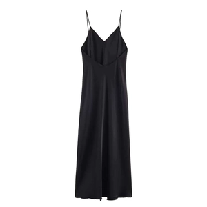 Detailed view of elegant black satin midi dress featuring silk texture and thin straps