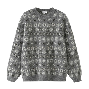 Women's crewneck long sleeve knit sweater with vintage grey geometric jacquard pattern