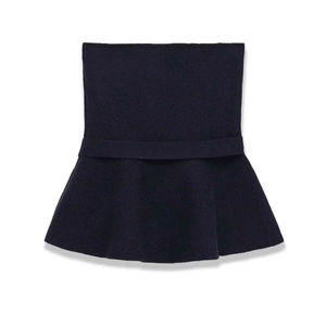 Navy blue knitted peplum tube top with a waist belt and ruffled hem on white background