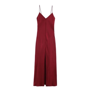 Elegant burgundy satin midi slip dress with thin straps, V-neckline and high front slit