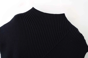 Detailed close-up of dark navy ribbed knit vest featuring a high neckline and texture