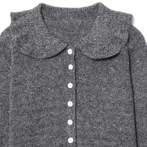 Grey knit cardigan for women with Peter Pan collar and white buttons for autumn fashion