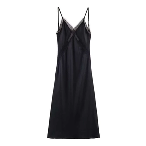 Elegant black satin slip midi dress with delicate lace trim and deep V-neckline