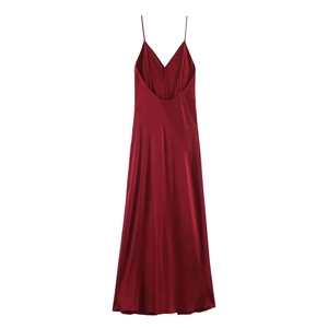 Elegant burgundy satin midi dress with spaghetti straps and open back design