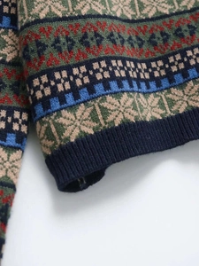 Detailed close-up of Fair Isle jacquard knit pattern on winter sweater with ribbed hem