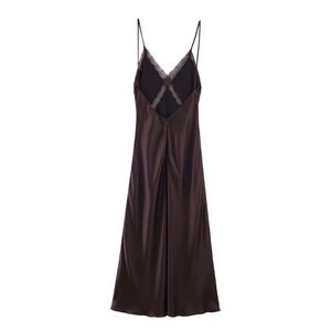 Elegant chocolate satin midi slip dress with lace back detail and crossed straps