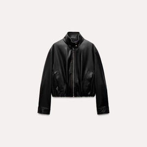 Women Faux Leather Jacket Casual Stand Collar Short Cropped PU Coat With Metal Zipper Gold Snaps Loose Fit Outerwear Black