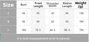 Size guide for gray commuter blazer showing chest, length, shoulder, and sleeve measurements