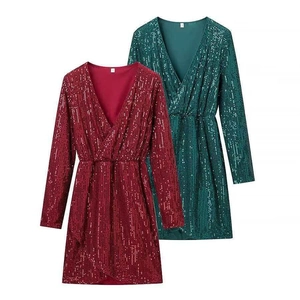 Women Deep V Neck Sequin Long Sleeve Wrap Midi Dress Elegant Sparkling Ruched Waist Party Evening Cocktail Occasion Dress