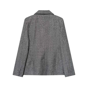 Women's grey herringbone blazer jacket with professional slim fit and structured back view