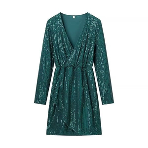 Dark green sequin mini dress with deep V-neckline and long sleeves for party wear