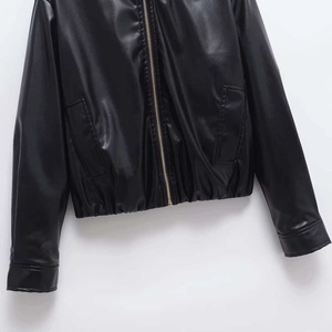 Classic black faux leather jacket featuring premium metal zippers and ribbed hem detail