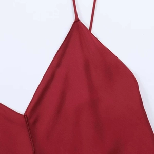 Elegant wine red satin midi dress with delicate spaghetti straps and a V-neckline finish