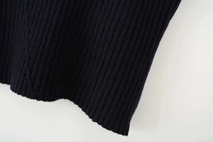 Close-up of navy blue ribbed knit texture showing the high-quality vertical weave fabric