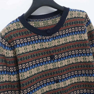 Vintage jacquard knit cardigan with colorful geometric patterns and round neck design