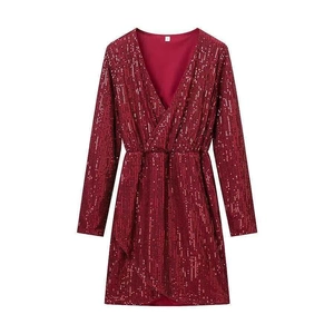 Sparkly burgundy deep V-neck sequin long sleeve dress for cocktail parties and events