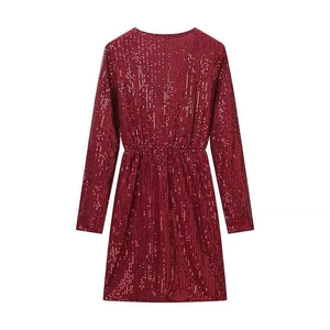 Sparkling red sequin long sleeve mini dress with deep V-neck and slim fit for parties